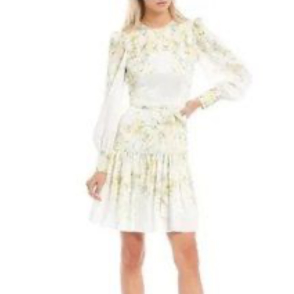 ANTONIO MELANI White Floral Long-Sleeve Tiered Dress with Yellow Accents, Size 0